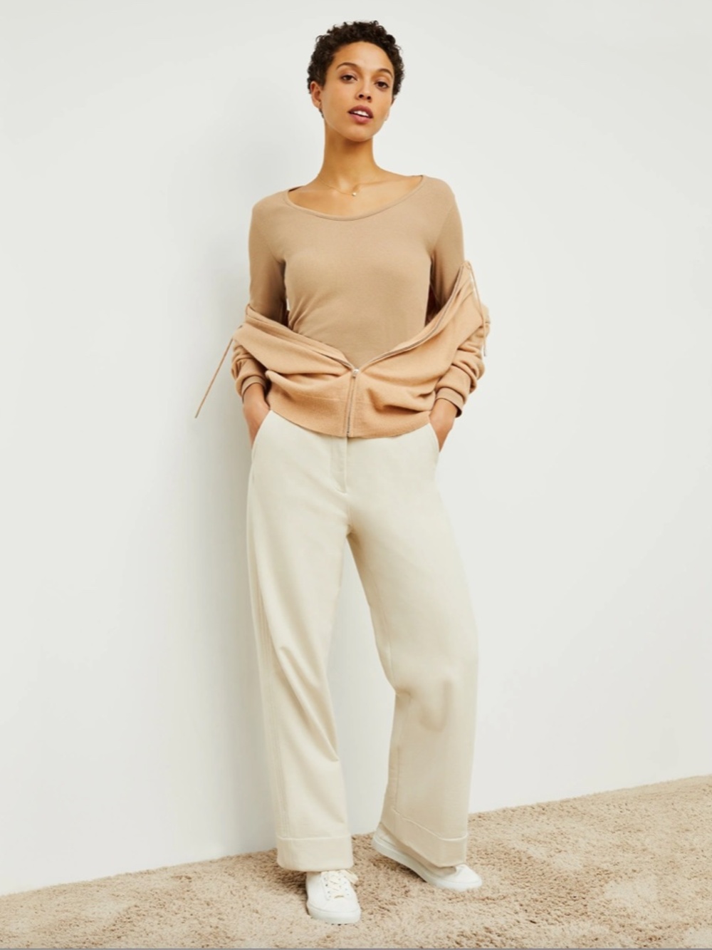 M.M. LaFleur Marcia Layering T-Shirt, Ribbed Pima Cotton, Camel, Medium, Peru